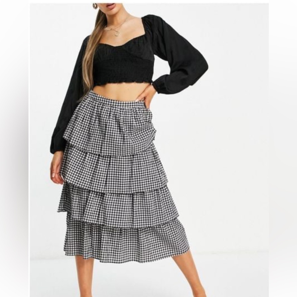 MNG Midi Skirt Ruffle Tiered Black White Gingham Checked SZ Med Cottage Cowgirl
